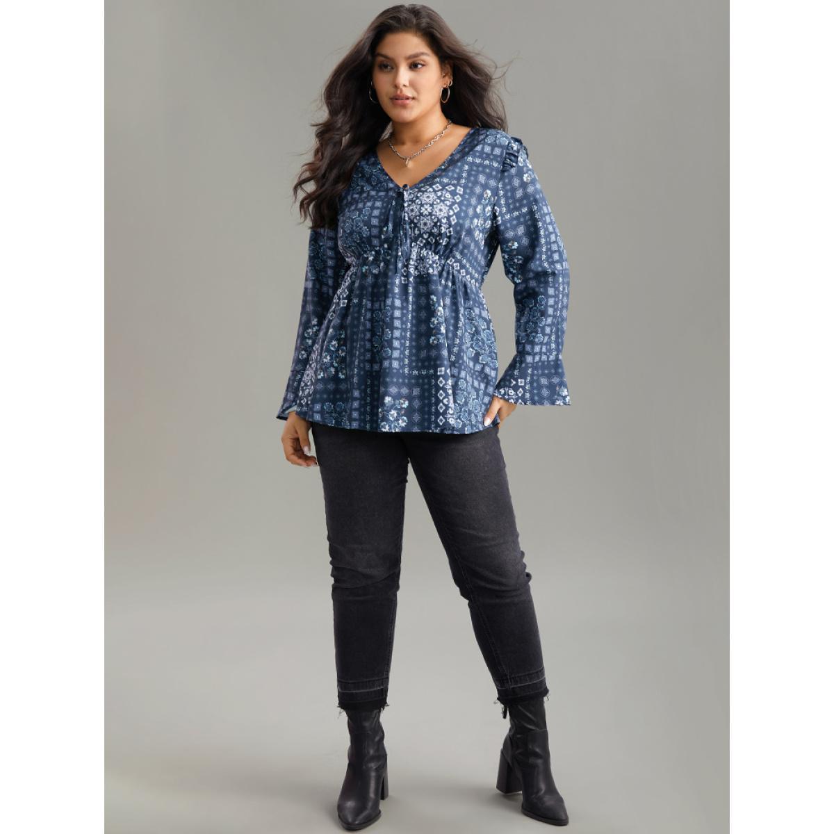 Plus Size Stone Bandana Print Bowknot Frill Trim Blouse Women Elegant Long Sleeve V-neck Dailywear Blouses BloomChic 28/5X Product Image