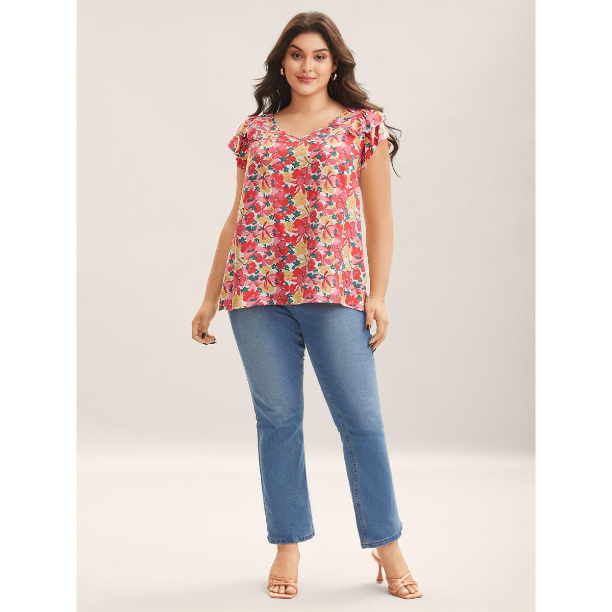Plus Size Crimson Ruffled Bright Floral Print Blouse Women Cap Sleeve V-neck Everyday-Elegant Blouses BloomChic 18-20/2X Product Image