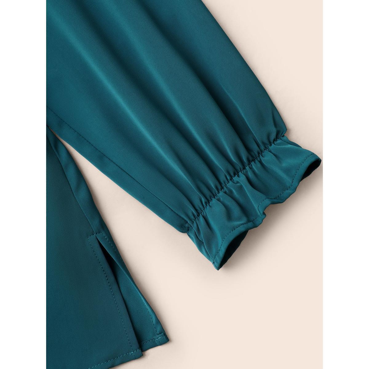 Plus Size Aegean Plain Pleated Lantern Sleeve Slit Hem Blouse Women At the Office Extra Long Sleeve Round Neck Work Blouses BloomChic 12/L Product Image