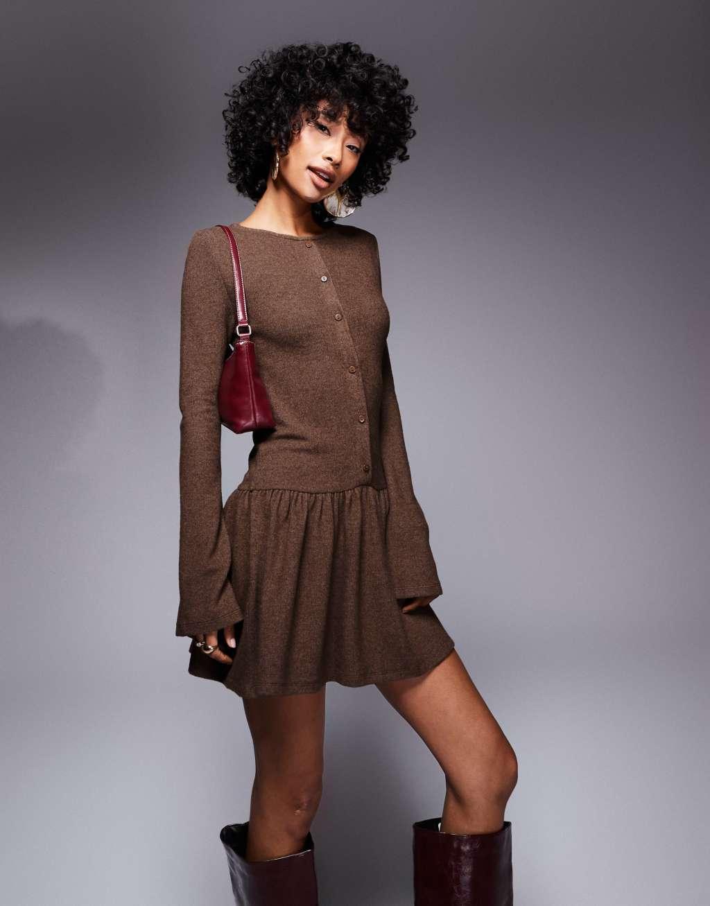 ASOS DESIGN dropped waist cozy supersoft long sleeve mini dress in brown Product Image