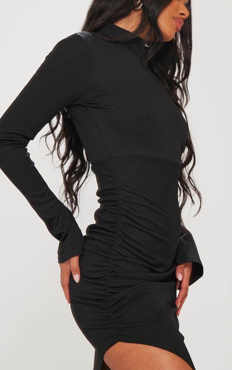 Black Rib Long Sleeve High Neck Ruched Midi Dress Product Image