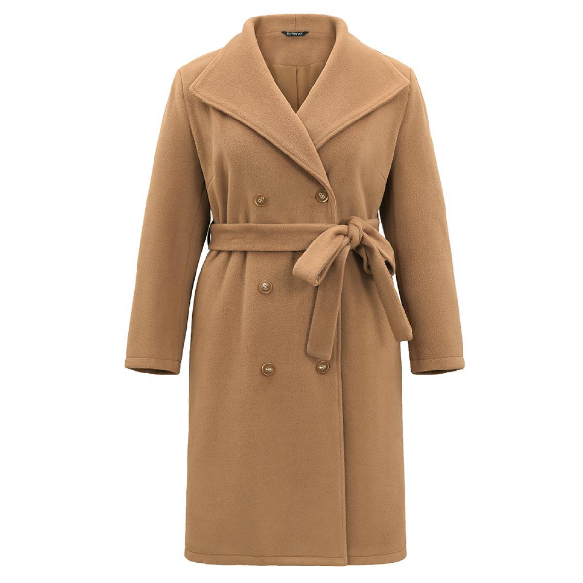 Plus Size Double Breasted Plain Belted Pocket Lapel Collar Coat Women Tan Casual Lined Ladies Dailywear Winter Coats BloomChic 22-24/3X Product Image