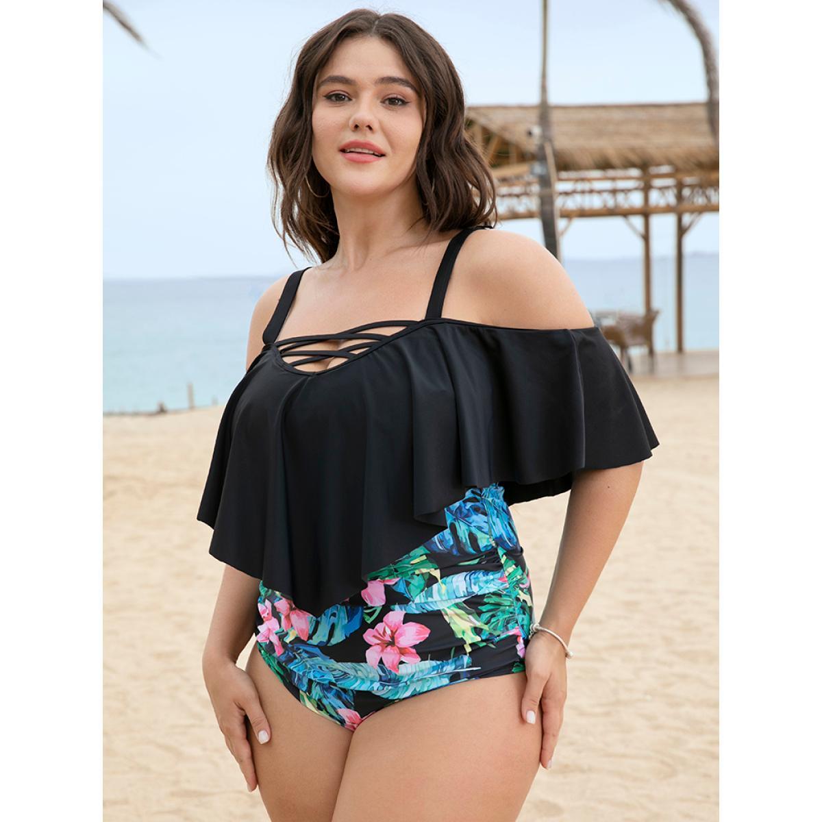 Plus Size Floral Patchwork Crisscross Cold Shoulder Asymmetrical One Piece Swimsuit Women's Swimwear BlackFlower Adjustable Straps Curve Bathing Suits High stretch One Pieces BloomChic 10/M Product Image