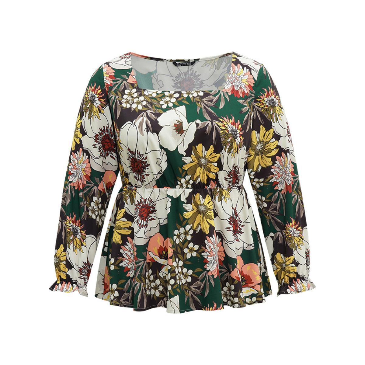 Plus Size DarkGreen Floral Square Neck Gathered Lantern Sleeve Blouse Women Elegant Long Sleeve Square Neck Vacation Blouses BloomChic 18-20/2X Product Image