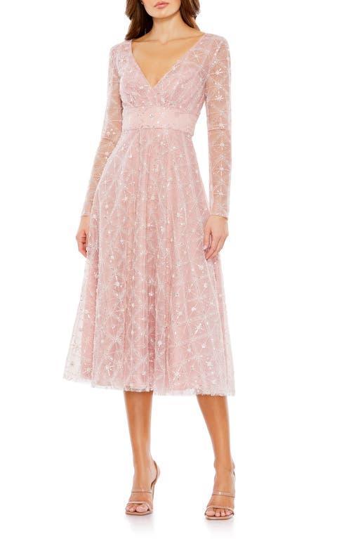 Mac Duggal V-Neck Long Illusion Sleeve Beaded Midi Dress Product Image