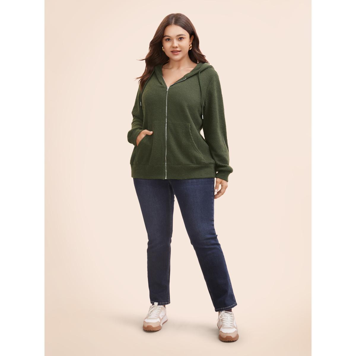 Plus Size Texture Pocket Drawstring Hooded Sweatshirt Women ArmyGreen Casual Texture Hooded Everyday Sweatshirts BloomChic 26/4X Product Image