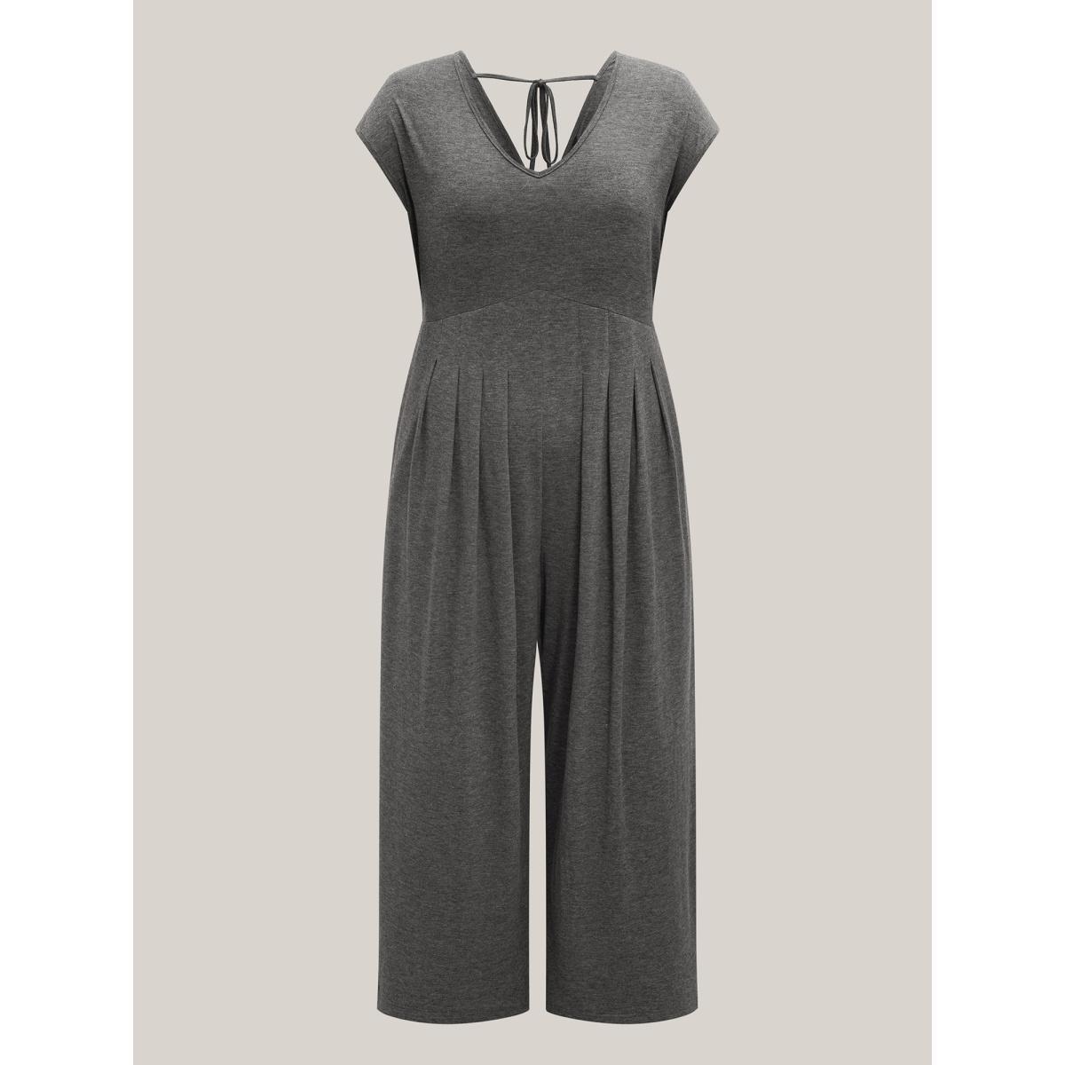 Plus Size DimGray Pleated Waist Pockets Wide-Leg Jumpsuit Women Cap Sleeve V-neck Everyday-Casual Loose Jumpsuits BloomChic 14-16/1X Product Image