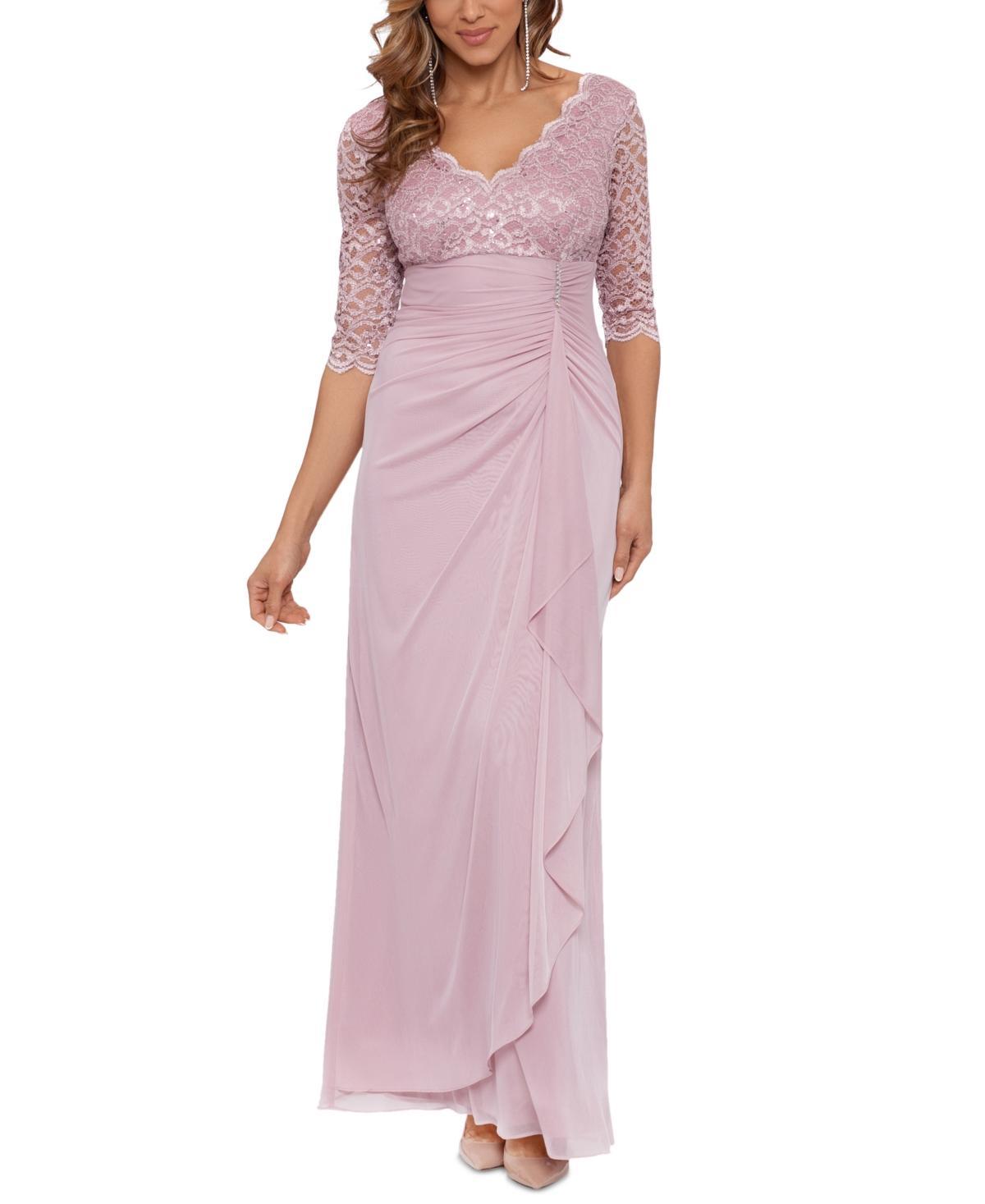 Betsy & Adam Womens Lace-Top Waterfall-Detail Gown Product Image