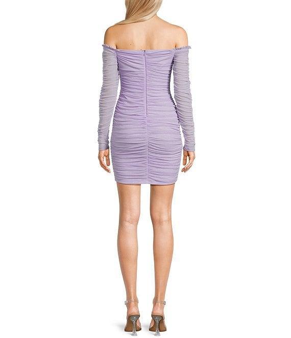 Next Up Glitter Off-The-Shoulder Sweetheart Neck Long Sleeve Shirred Bodycon Dress Product Image