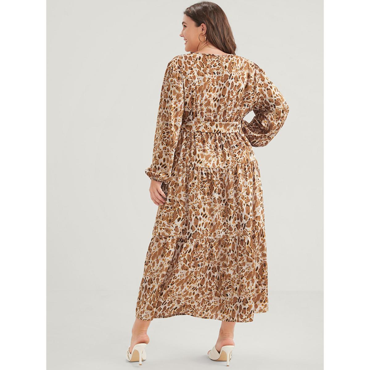 Plus Size Leopard Pocket Surplice Neck Lantern Sleeve Ruffles Belted Maxi Dress Leopard Women Elegant Printed Long Sleeve Curvy Long Dress BloomChic 18-20/2X Product Image