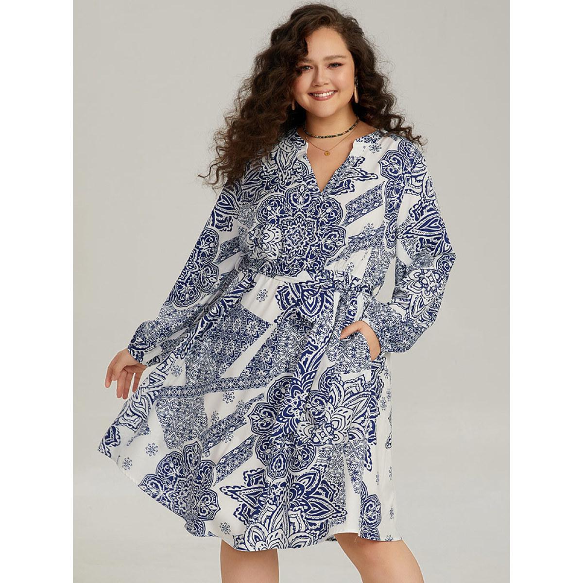 Plus Size Bandana Print Notched Belted Dress Blue Women Vacation Elastic cuffs Notched collar Long Sleeve Curvy Midi Dress BloomChic 30/6X Product Image