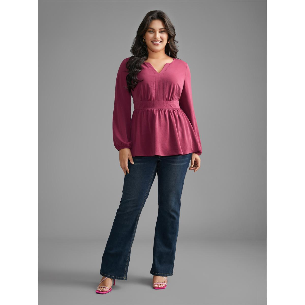 Plus Size RedViolet Notched Collar Gathered Lantern Sleeve Blouse Women Elegant Long Sleeve Notched collar Everyday Blouses BloomChic 30/6X Product Image