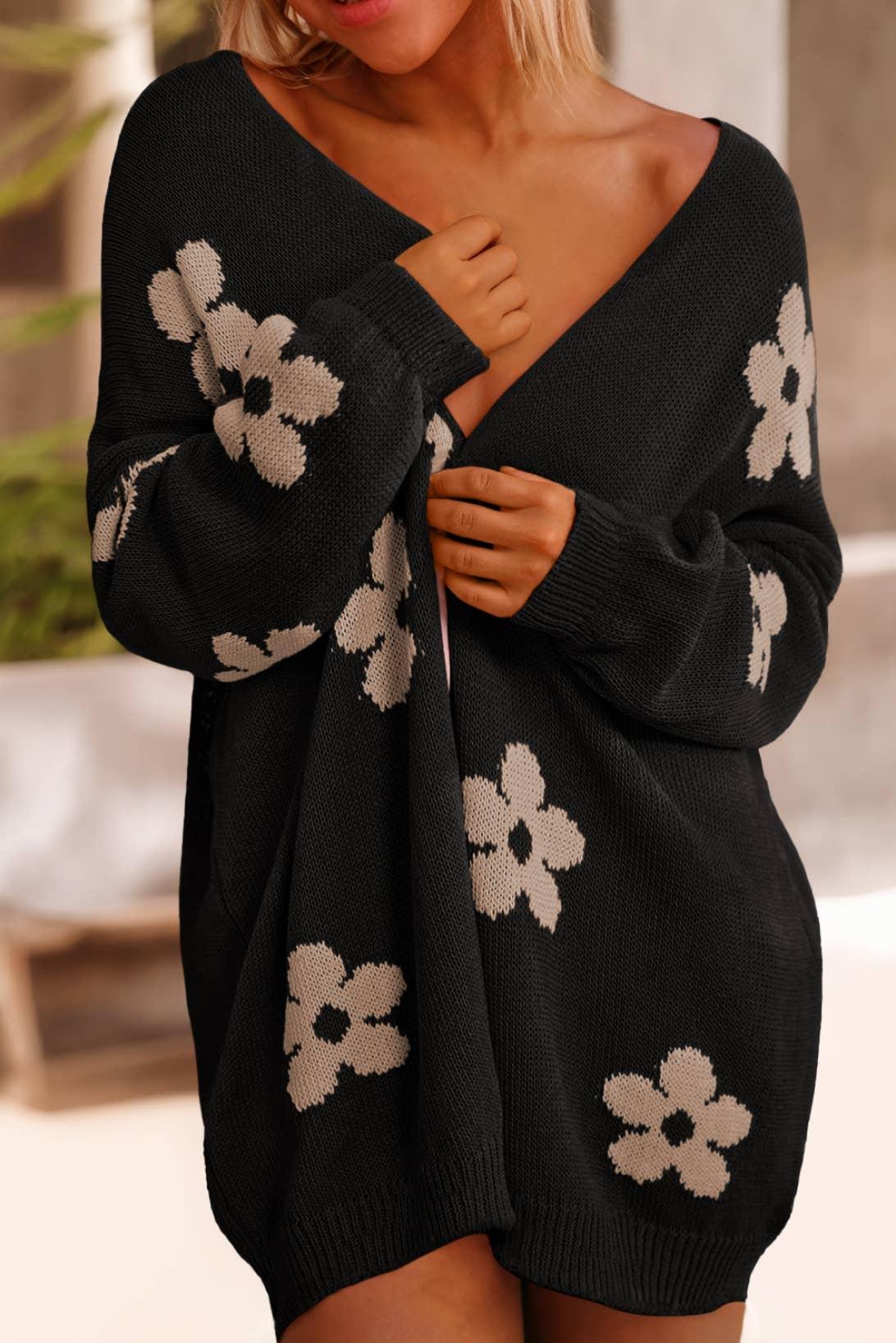Floral Print Knitted Open Front Loose Cardigan: Orange Product Image