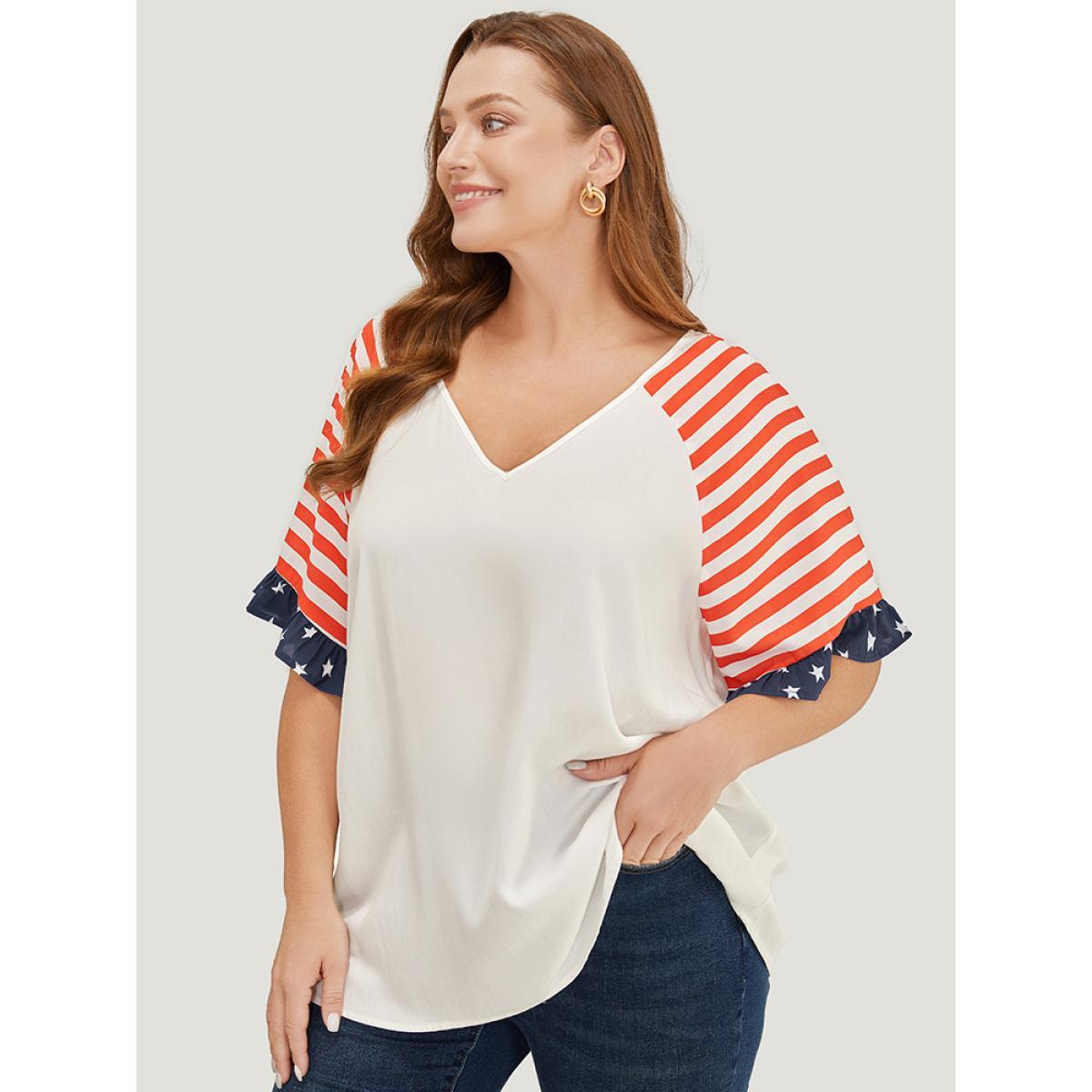 Plus Size White Star & Striped Print Raglan Sleeve Ruffle Trim Blouse Women Elegant Half Sleeve V-neck Dailywear Blouses BloomChic 10/M Product Image
