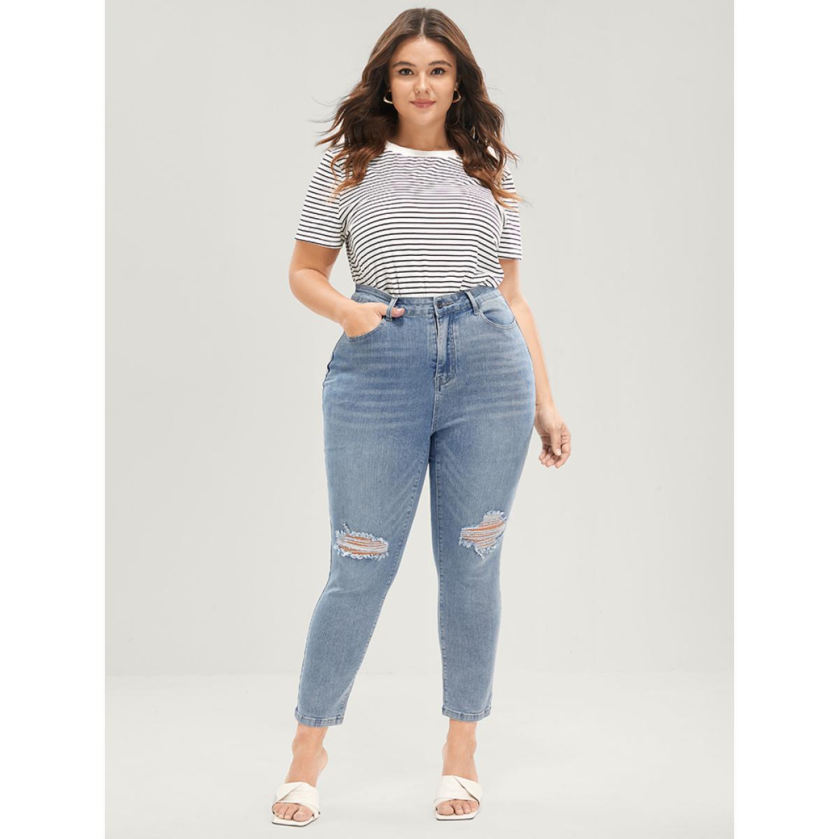 Plus Size Skinny Very Stretchy Mid Rise Light Wash Distressed Jeans Women Blue Casual Plain Distressed High stretch Pocket Jeans BloomChic 28/5X Product Image
