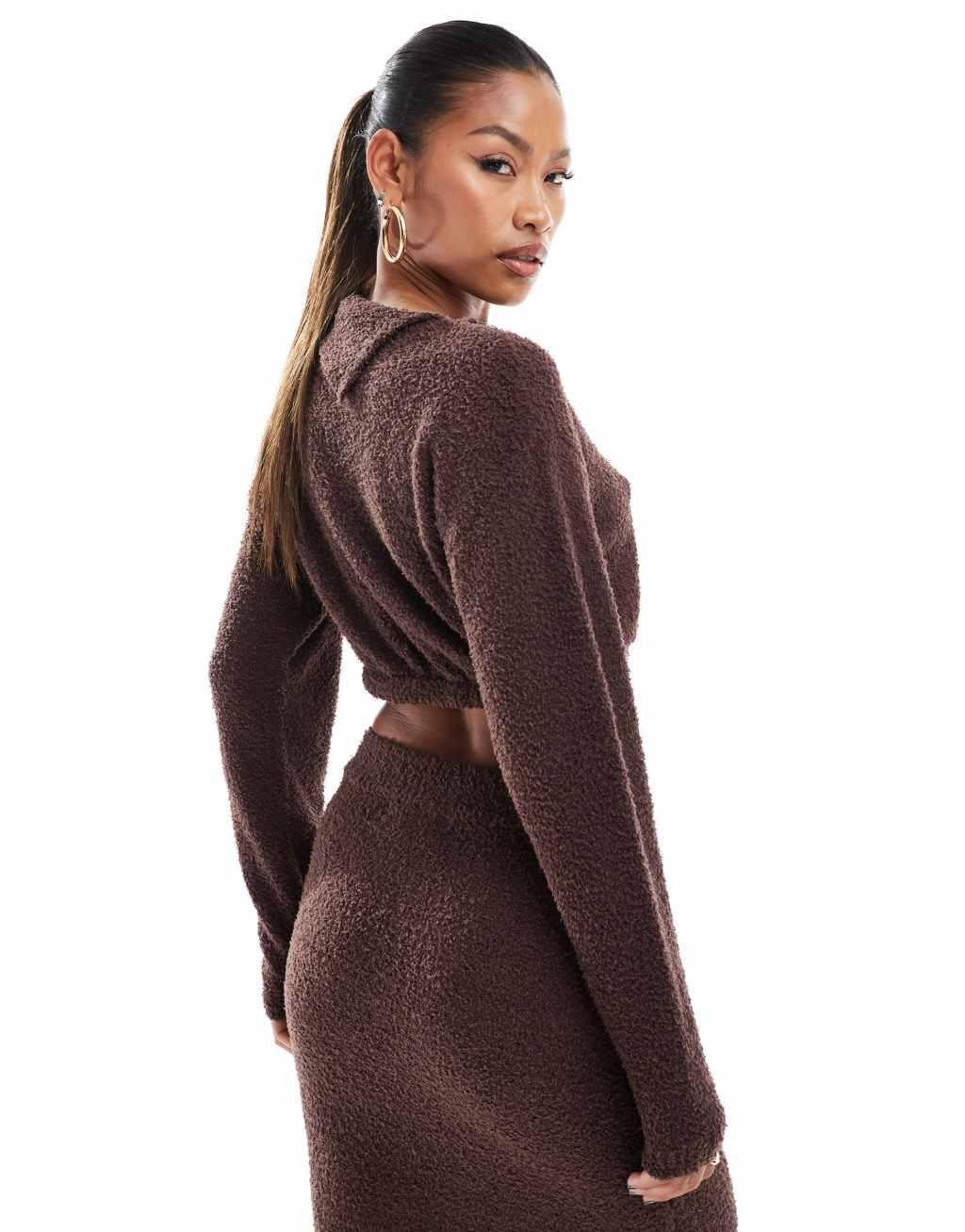 Aria Cove boucle slash neck cropped sweater in chocolate - part of a set Product Image