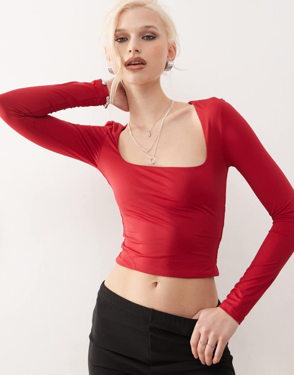 Princess Polly slinky square neck long sleeve crop top in red Product Image