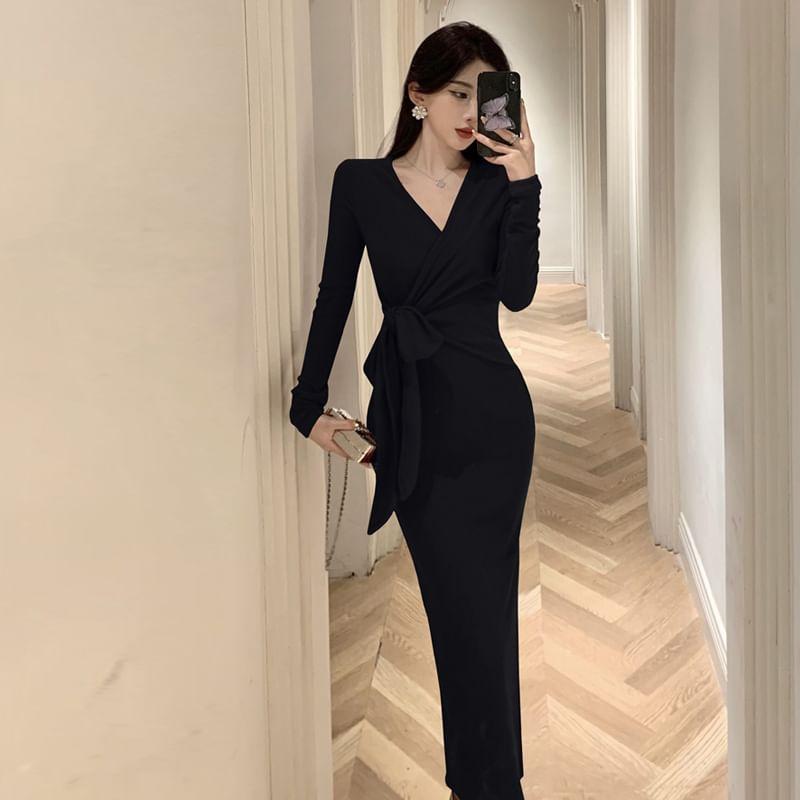 Long-Sleeve V-Neck Wrapped Plain Maxi Sheath Dress Product Image
