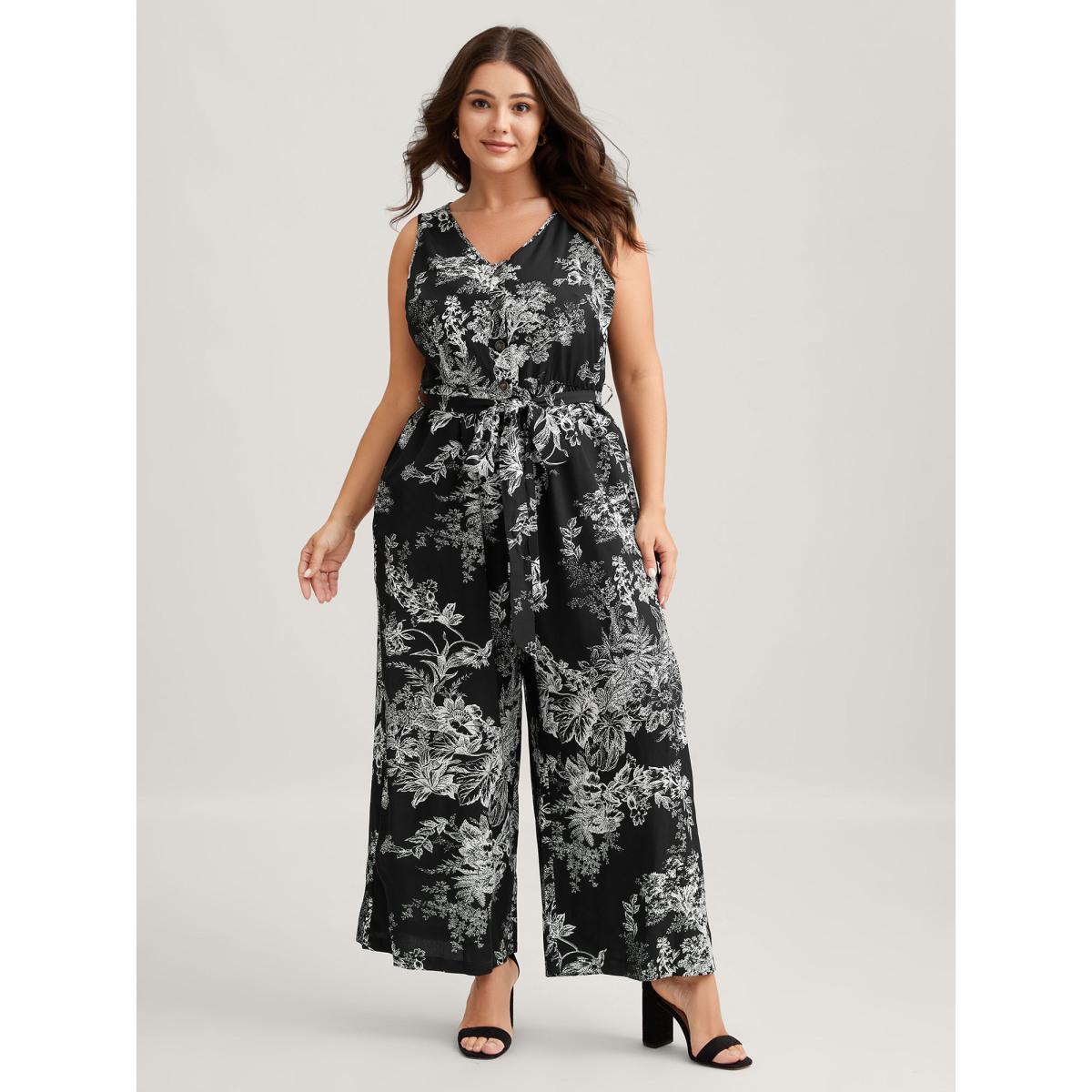 Plus Size Black Monochrome Floral Buttons Pockets Jumpsuit Women Sleeveless V-neck Everyday-Elegant Loose Jumpsuits BloomChic 26/4X Product Image