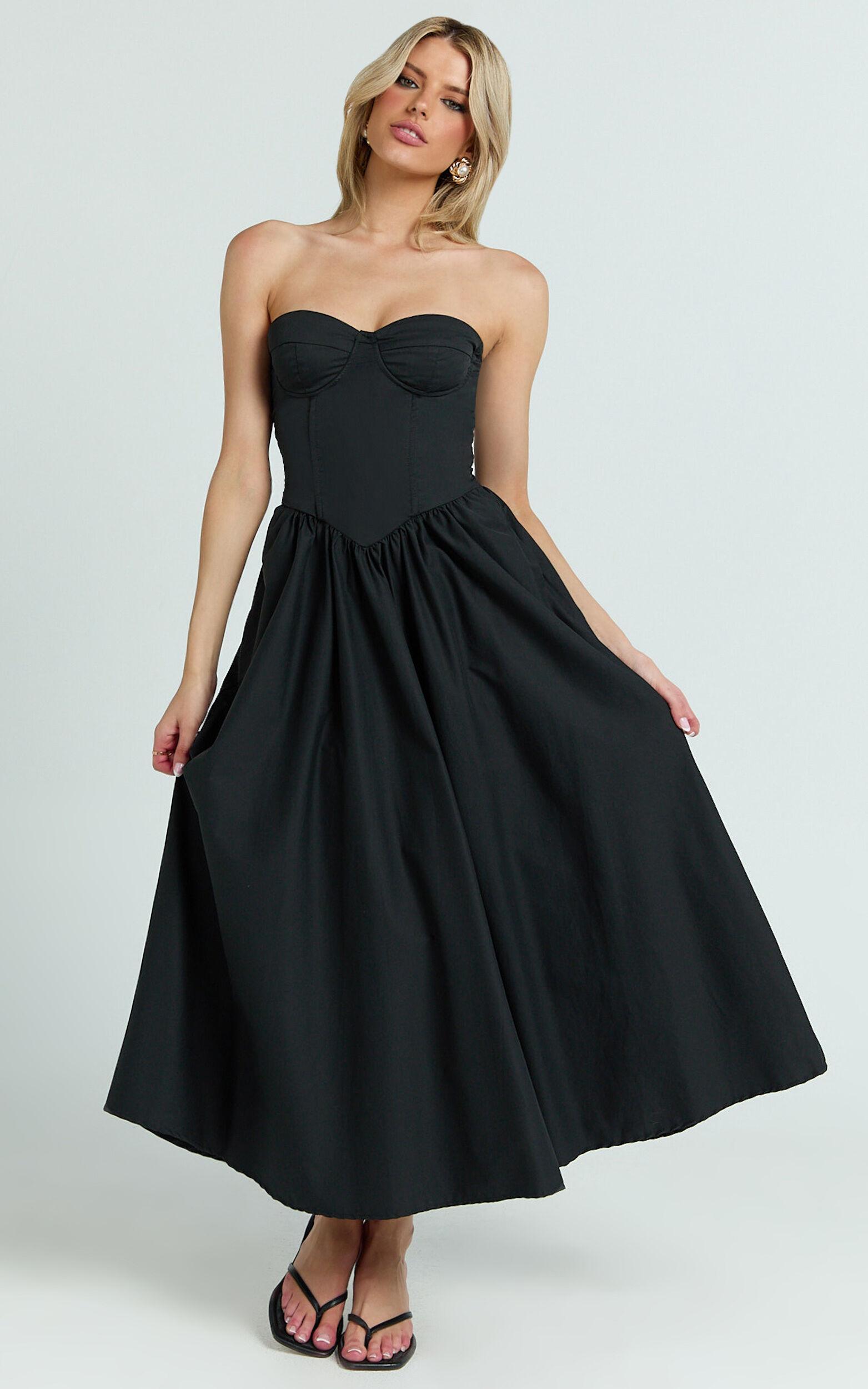 Daria Midi Dress - Strapless Corset Gathered Dress in Black Product Image