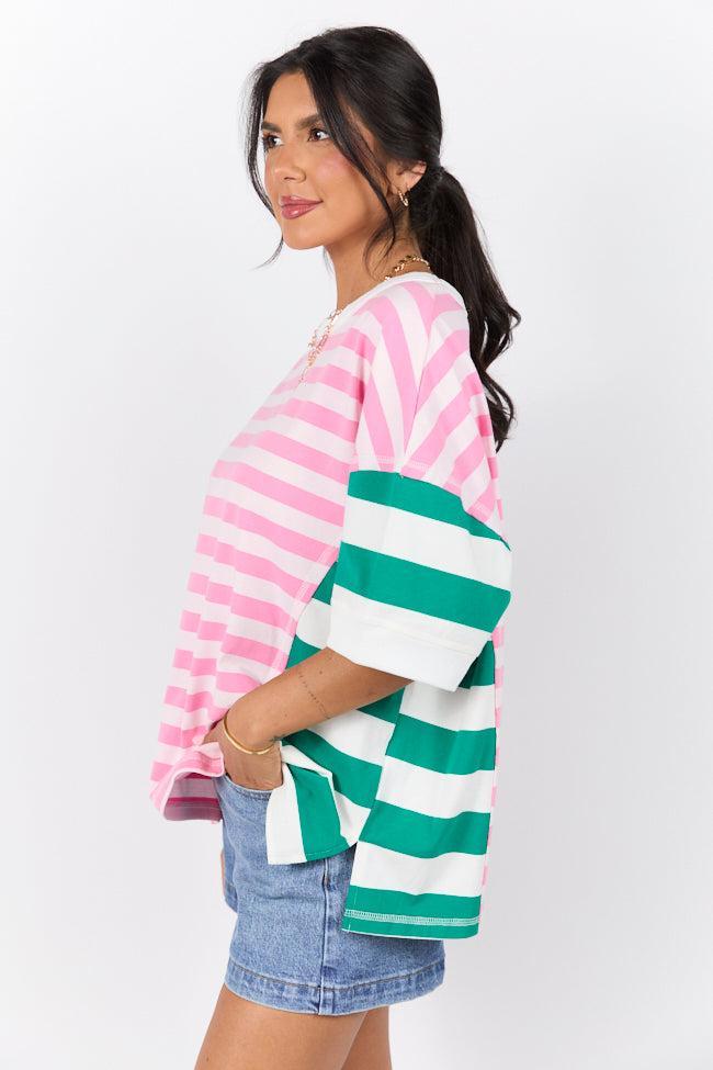 Destined For More Pink and Green Multi Color Block Striped Knit Tee SALE Product Image
