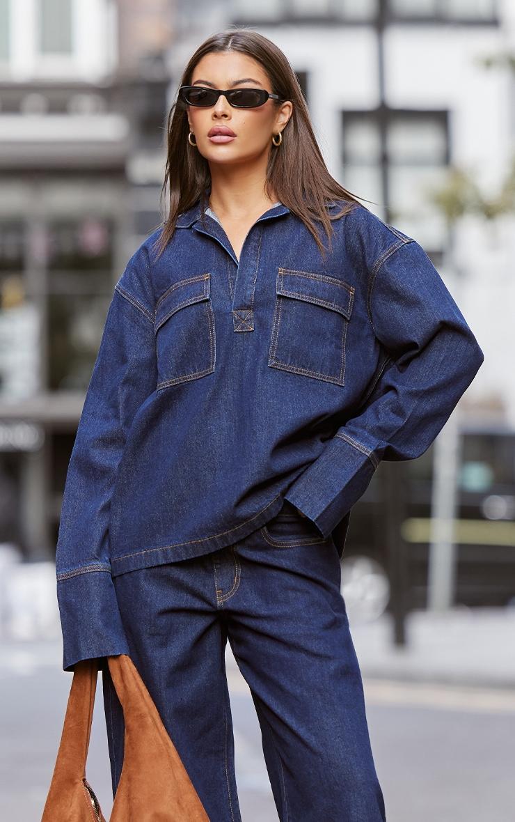 Indigo Contrast Stitch Long Sleeve Denim Rugby Shirt Product Image