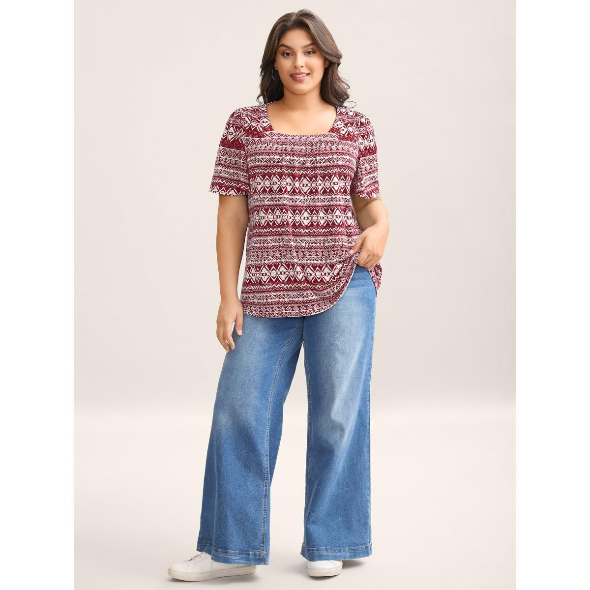 Plus Size Boho Print Square Neck T-Shirt Scarlet Women Gathered Square Neck Everyday-Casual T-shirts BloomChic 14-16/1X Product Image
