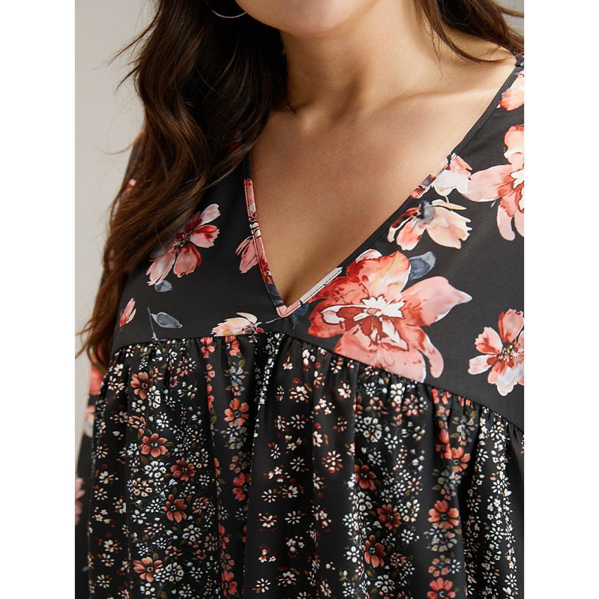 Plus Size BlackFlower Floral Print Flutter Sleeve Patchwork Blouse Women Elegant Long Sleeve V-neck Dailywear Blouses BloomChic 18-20/2X Product Image