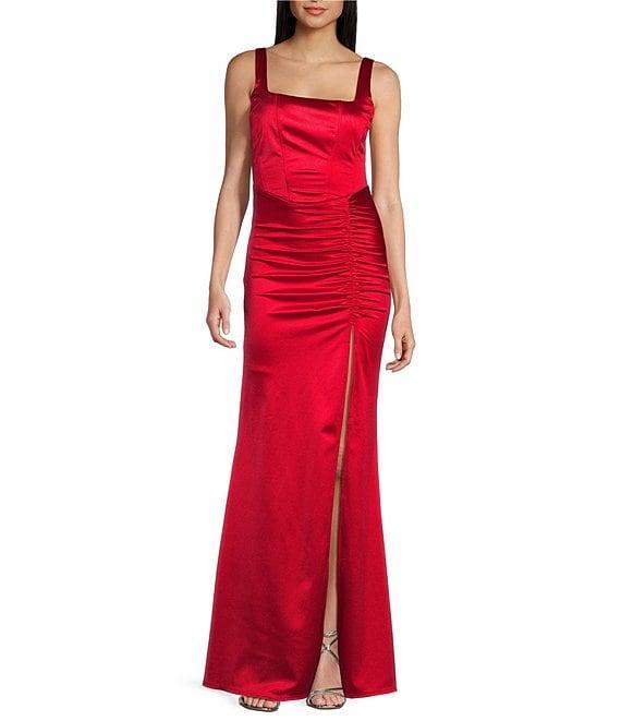 Honey and Rosie Sateen Square Neck Sleeveless Front Slit Gown Product Image