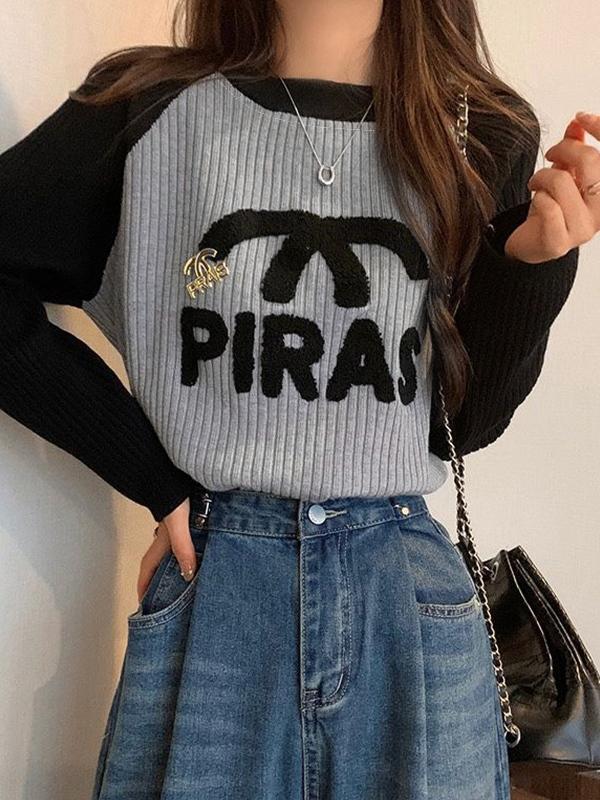 Raglan Ribbed Print Long Sleeve Knit Product Image
