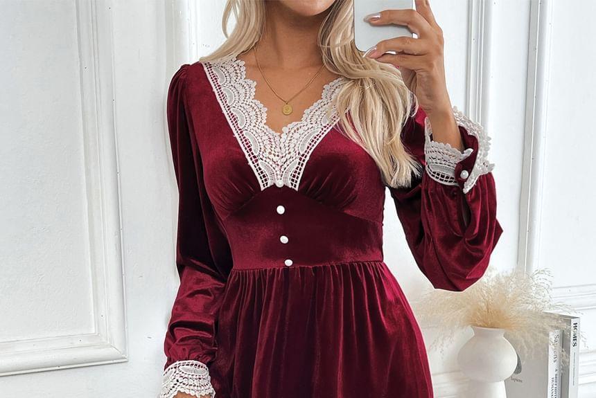 Velvet Long Sleeve V-Neck Lace Trim A-Line Midi Dress Product Image