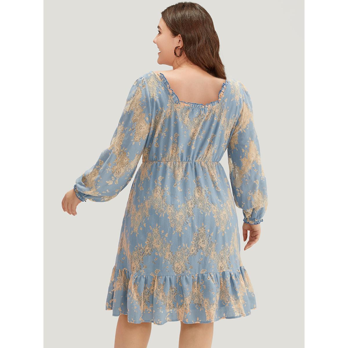 Plus Size Contrast Lace Panel Frill Trim Lantern Sleeve Dress Aegean Women Vacation Elastic cuffs Square Neck Long Sleeve Curvy Midi Dress BloomChic 10/M Product Image