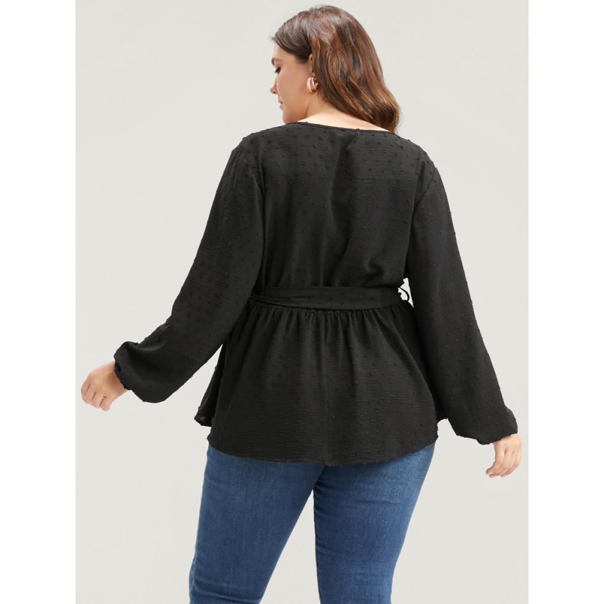 Plus Size Black Polka Dot Wrap Belted Ruffles Blouse Women Elegant Long Sleeve V-neck Dailywear Blouses BloomChic 26/4X Product Image