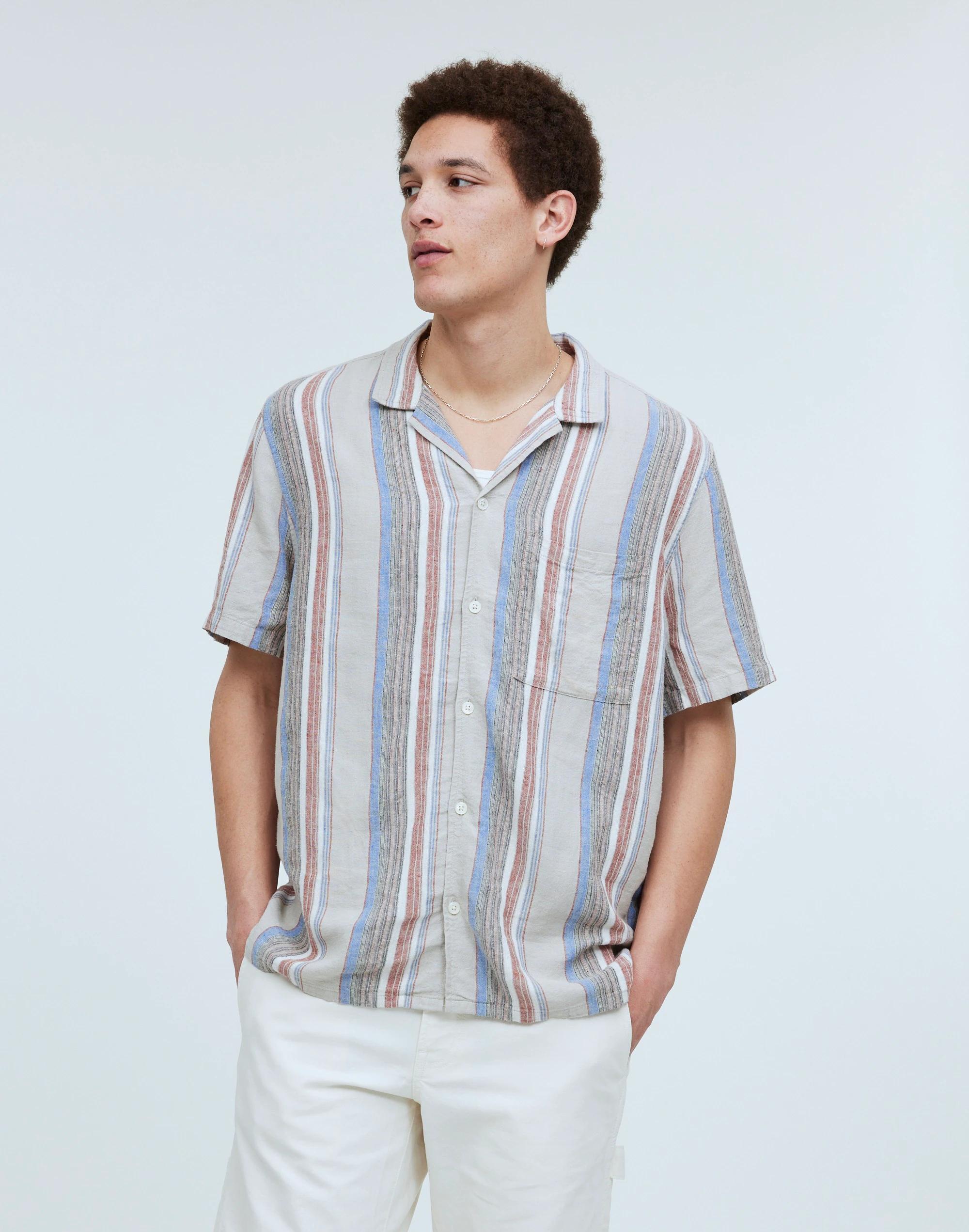 Easy Short-Sleeve Shirt in Stripe Linen Product Image