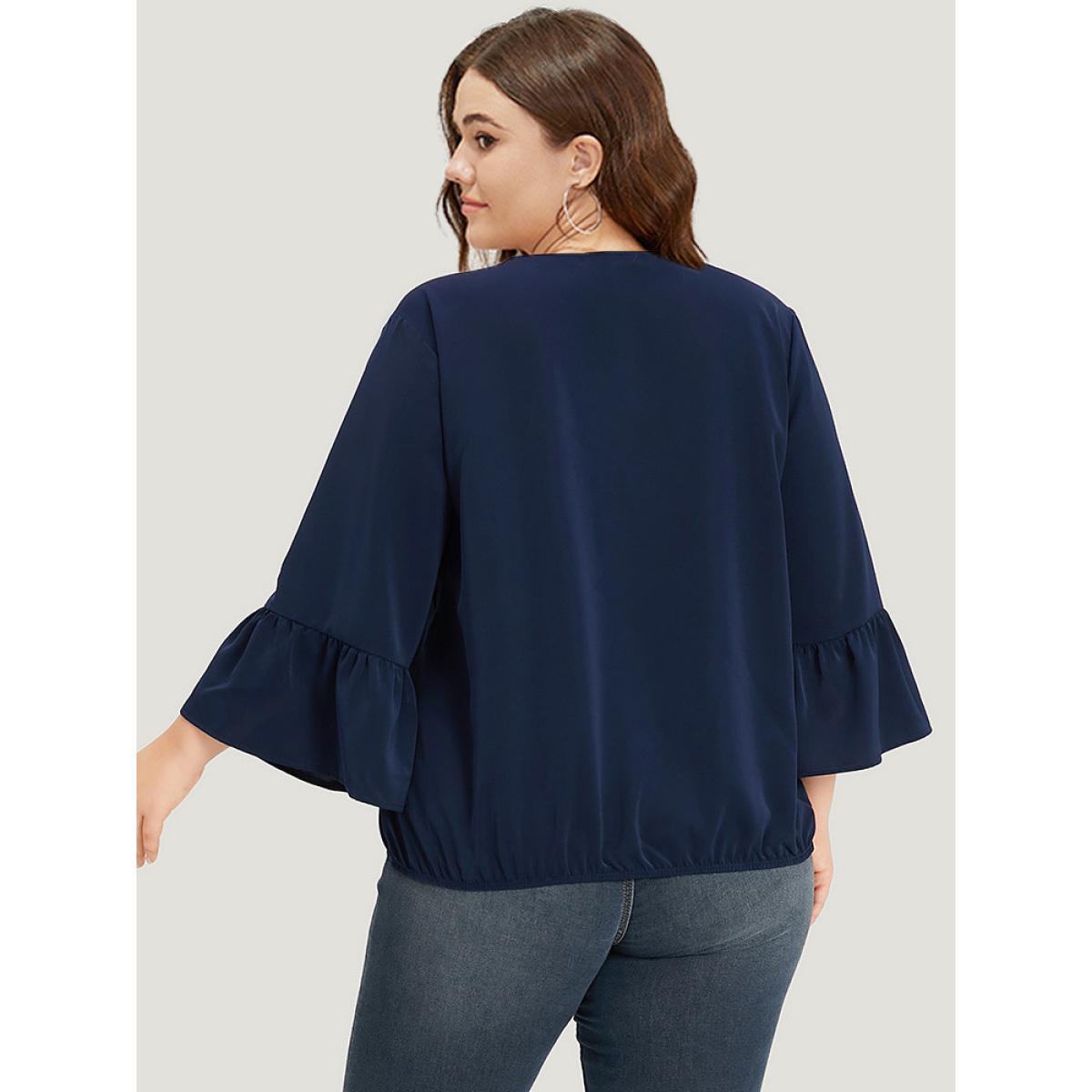 Plus Size Indigo Anti-Wrinkle Plain Surplice Neck Bell Sleeve Blouse Women Office Elbow-length sleeve V-neck Work Blouses BloomChic 12/L Product Image