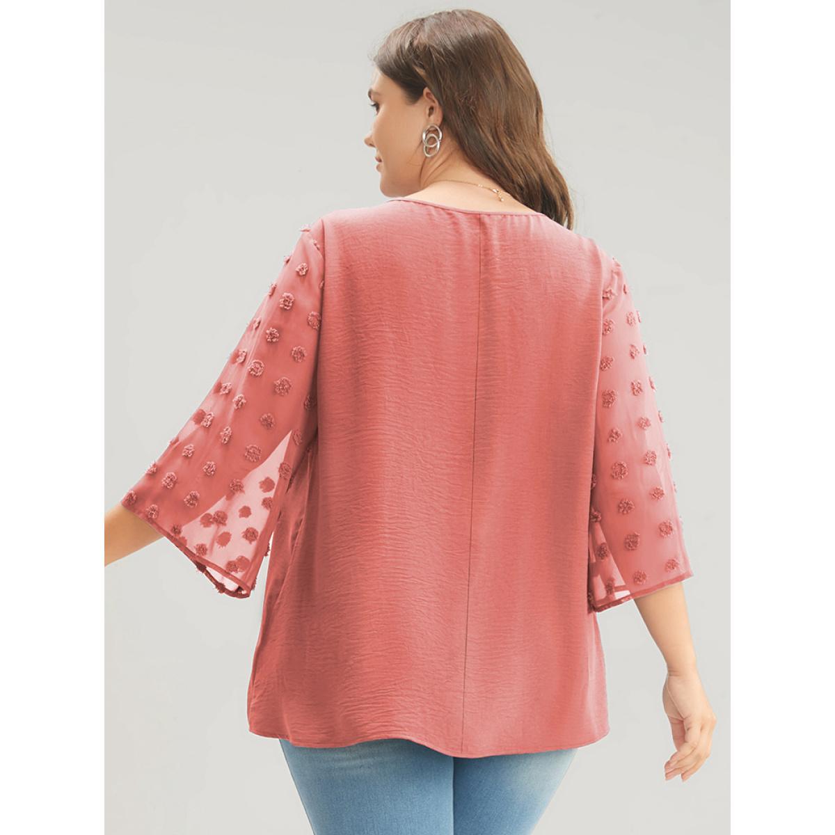 Plus Size DustyPink Polka Dot Mesh Patchwork Flounce Sleeve Blouse Women Casual Elbow-length sleeve V-neck Dailywear Blouses BloomChic 26/4X Product Image