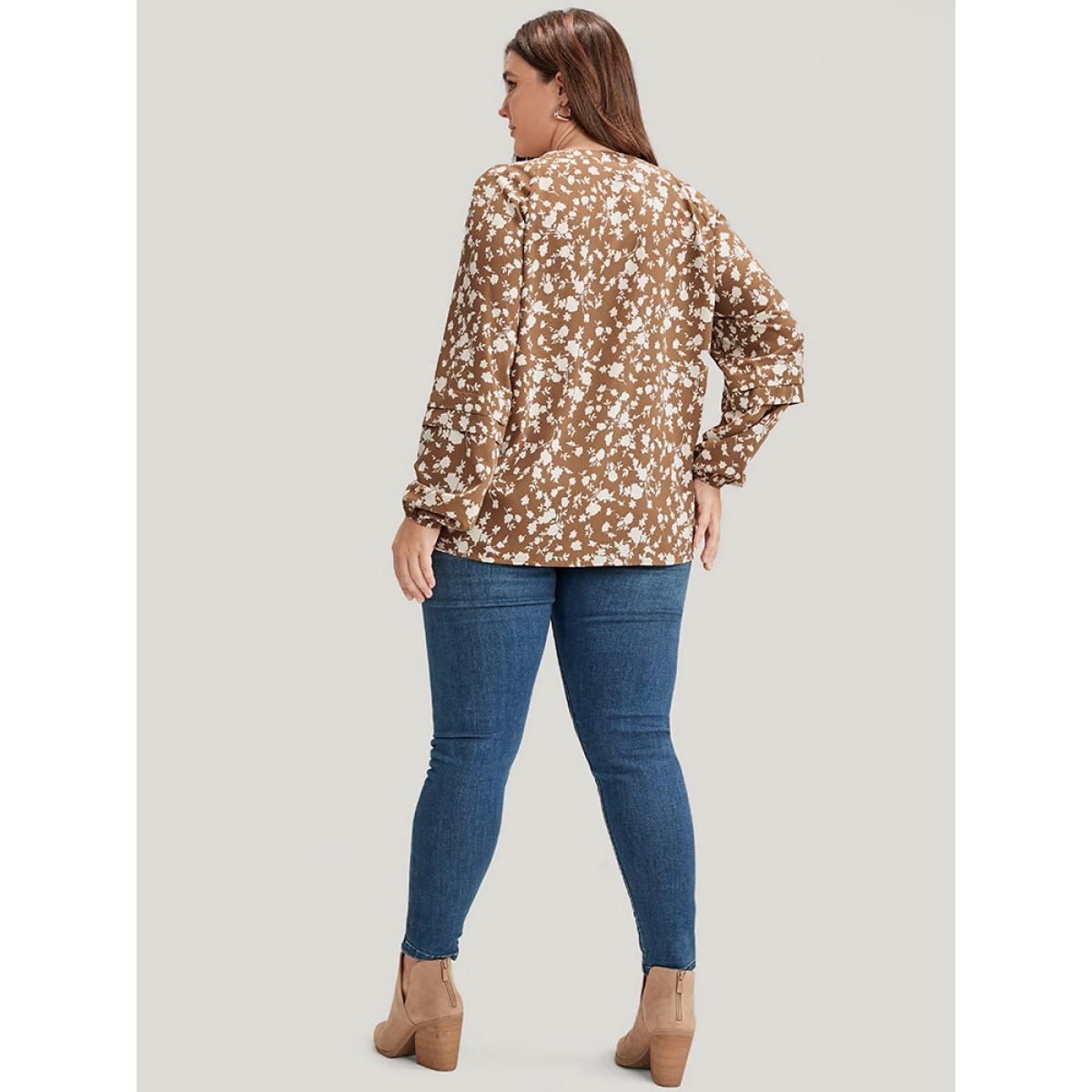 Plus Size Bronze Floral Lantern Sleeve Arc Hem Blouse Women Elegant Long Sleeve V-neck Dailywear Blouses BloomChic 28/5X Product Image