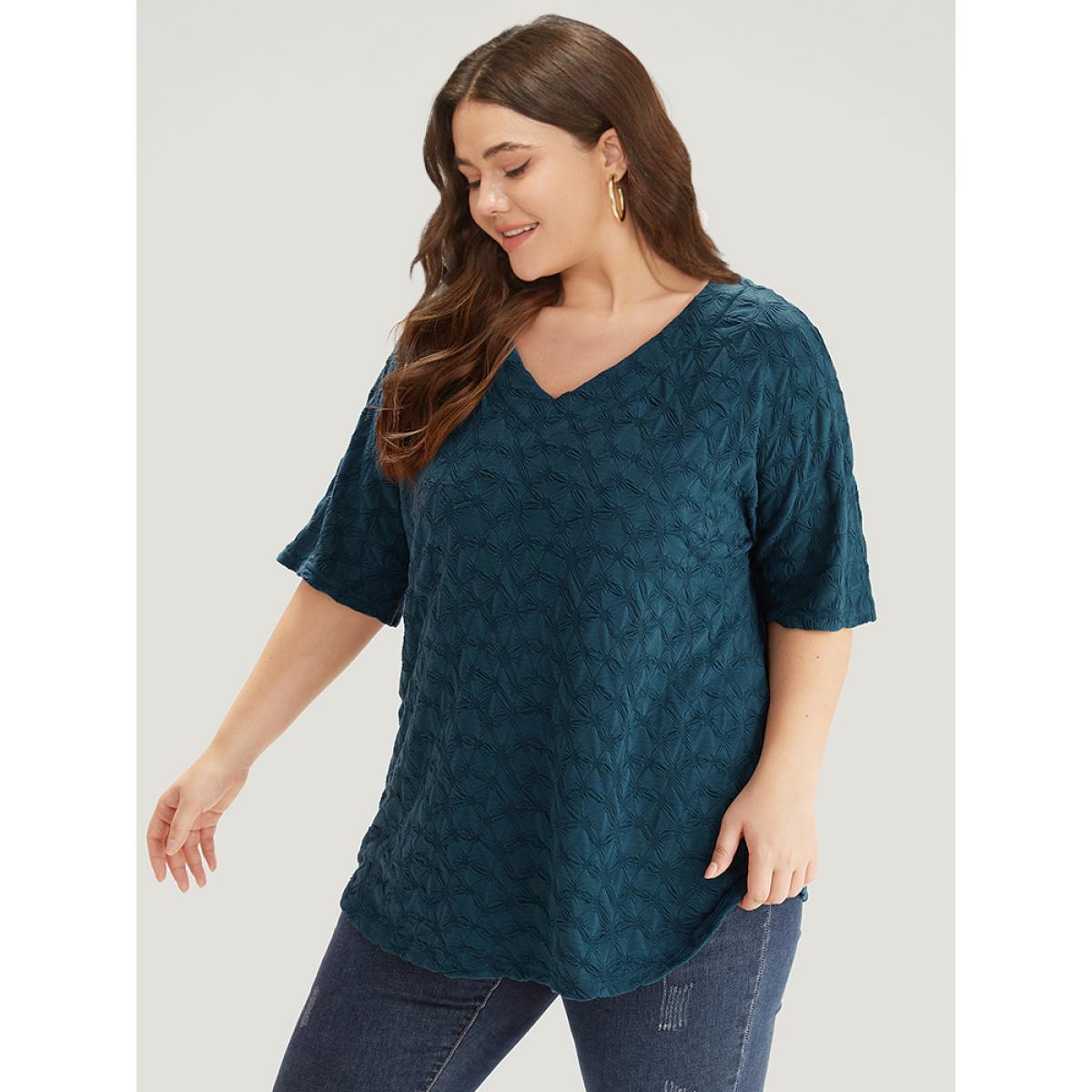 Plus Size Plain Textured V Neck Half Sleeve T-shirt Cyan Women Elegant Texture Plain V-neck Dailywear T-shirts BloomChic 22-24/3X Product Image