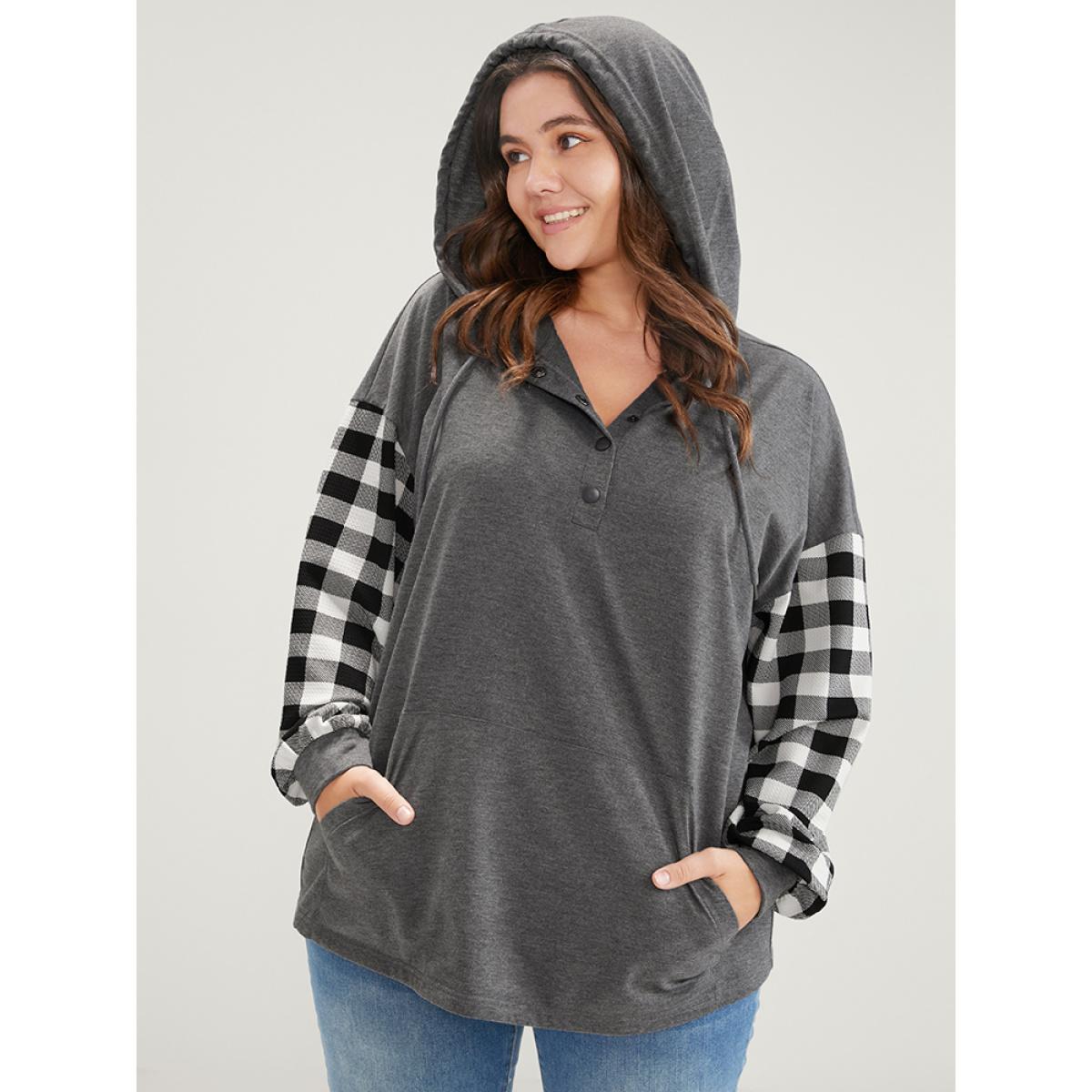 Plus Size Gingham Pocket Button Up Hooded Sweatshirt Women DimGray Casual Contrast Hooded Dailywear Sweatshirts BloomChic 14-16/1X Product Image