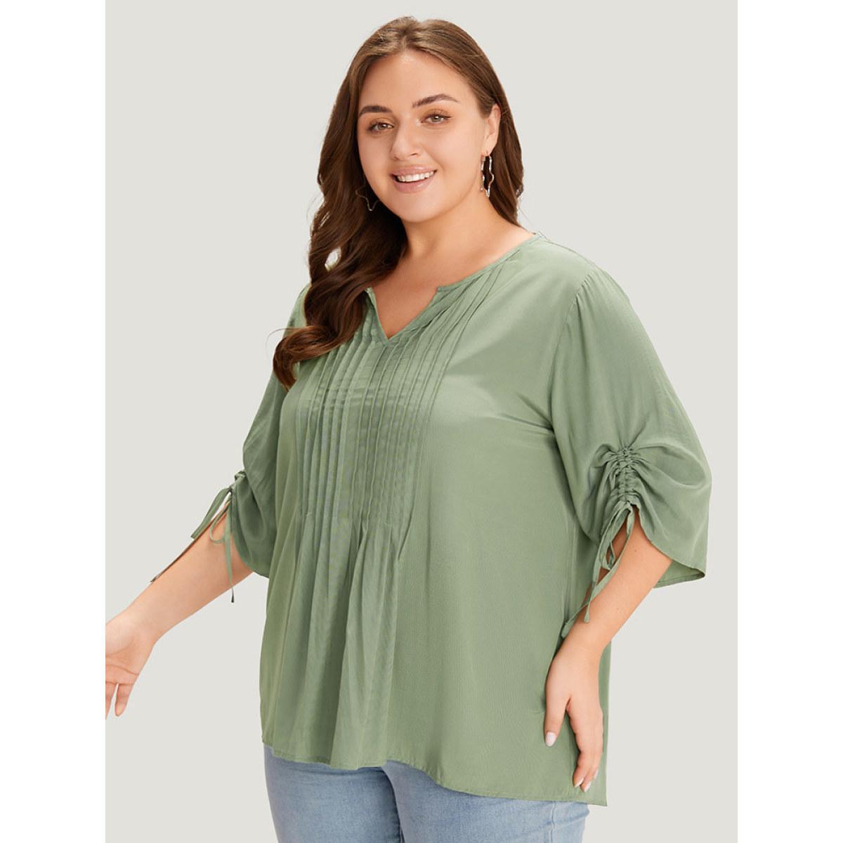 Plus Size Mint Supersoft Essentials Plain Notched Pleated Drawstring Blouse Women Office Half Sleeve Notched collar Work Blouses BloomChic 10/M Product Image