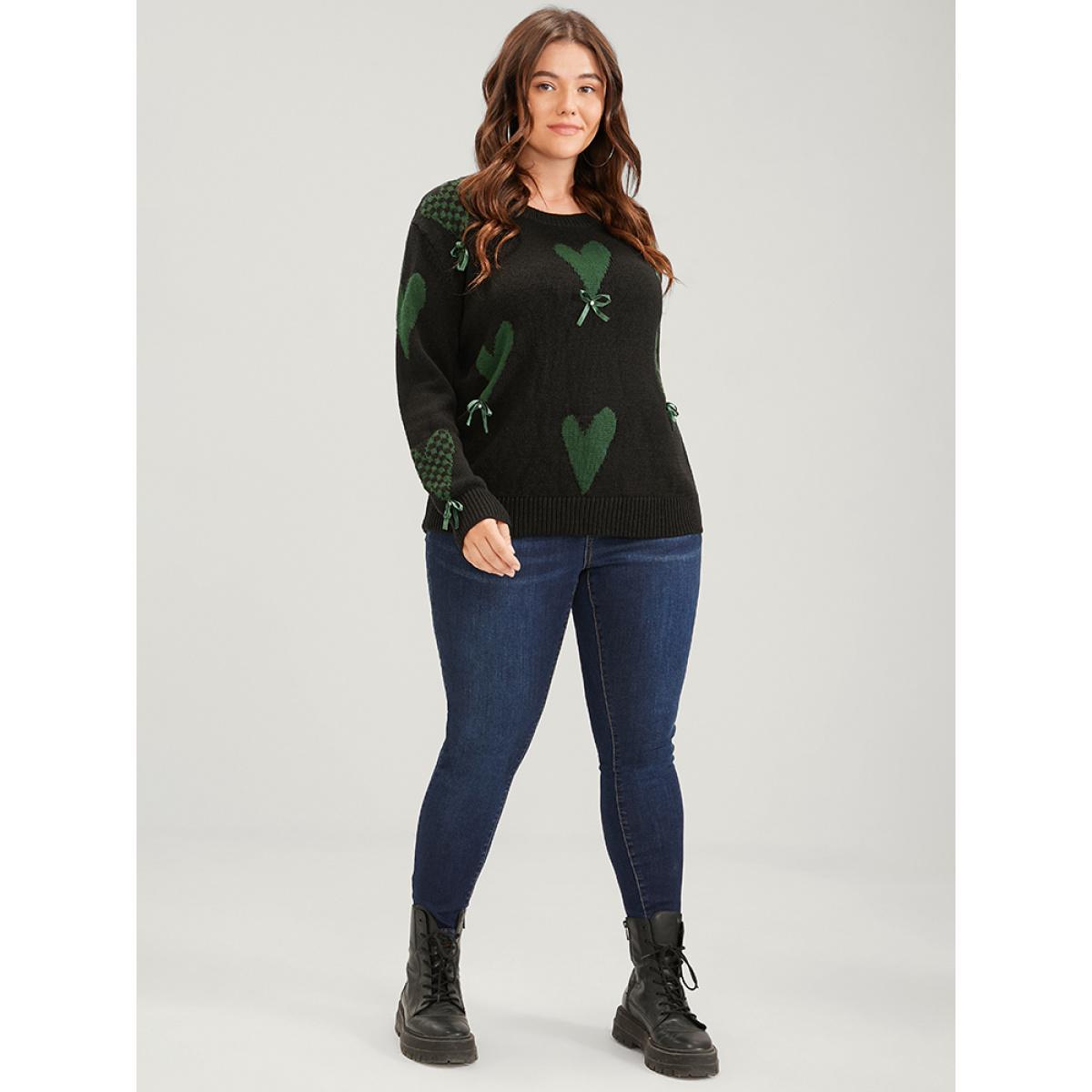 Plus Size Heart Print Contrast Pointelle Knit Bowknot Beaded Knit Top Black Women Elegant Long Sleeve Round Neck Dailywear Pullovers BloomChic 26/4X Product Image