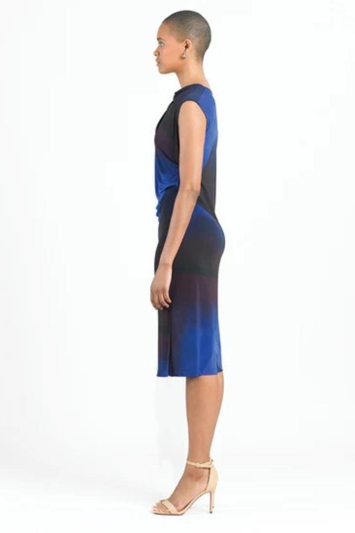 Watercolor Print Sleeveless Ruched Soft Knit Midi Dress Product Image