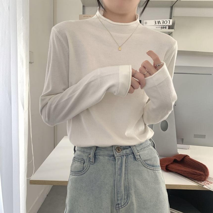 Long-Sleeve Mock Neck Plain Knit Top Product Image