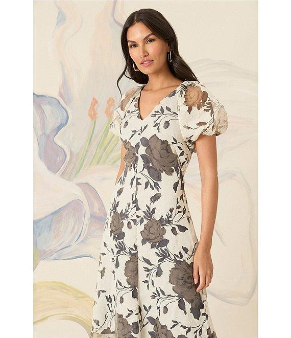 Maggy London Short Puffed Sleeve V-Neck Floral Print Fit And Flare Midi Dress Product Image