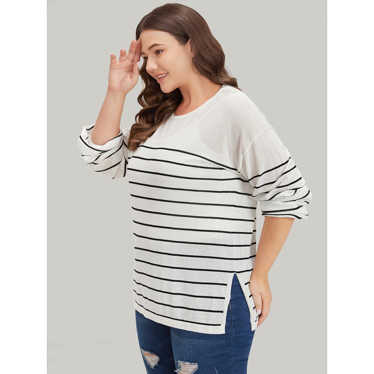 Plus Size Striped Split Side Lightweight Elastic Cuffs Pullover White Women Casual Loose Long Sleeve Round Neck Everyday Pullovers BloomChic 30/6X Product Image