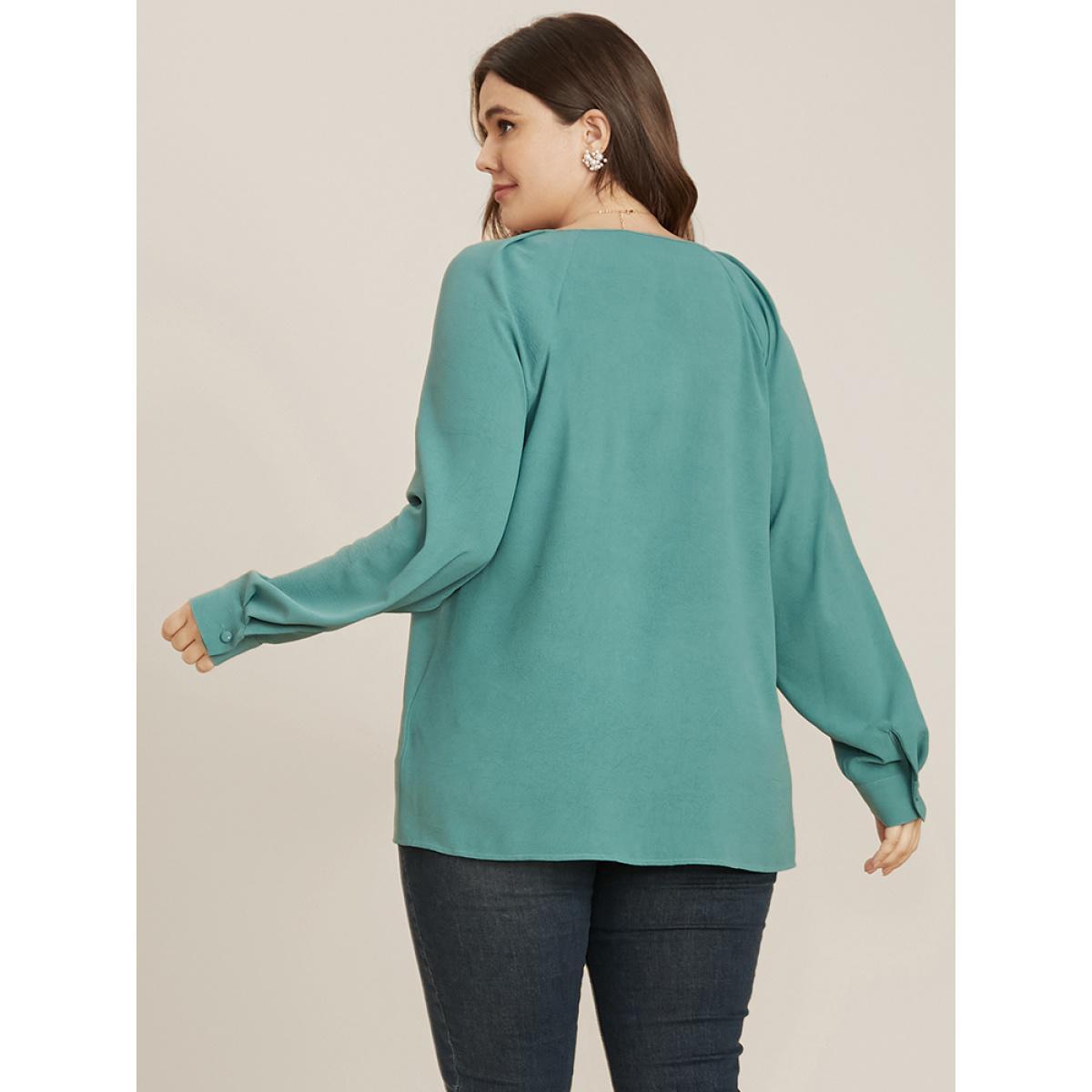 Plus Size Mint Solid V Neck Button Detail Blouse Women Office Long Sleeve V-neck Work Blouses BloomChic 22-24/3X Product Image