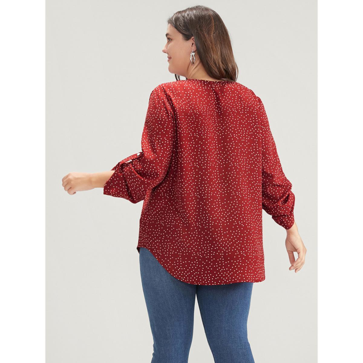 Plus Size Burgundy Polka Dot Roll Sleeve V Neck Blouse Women Elegant Elbow-length sleeve V-neck Dailywear Blouses BloomChic 12/L Product Image