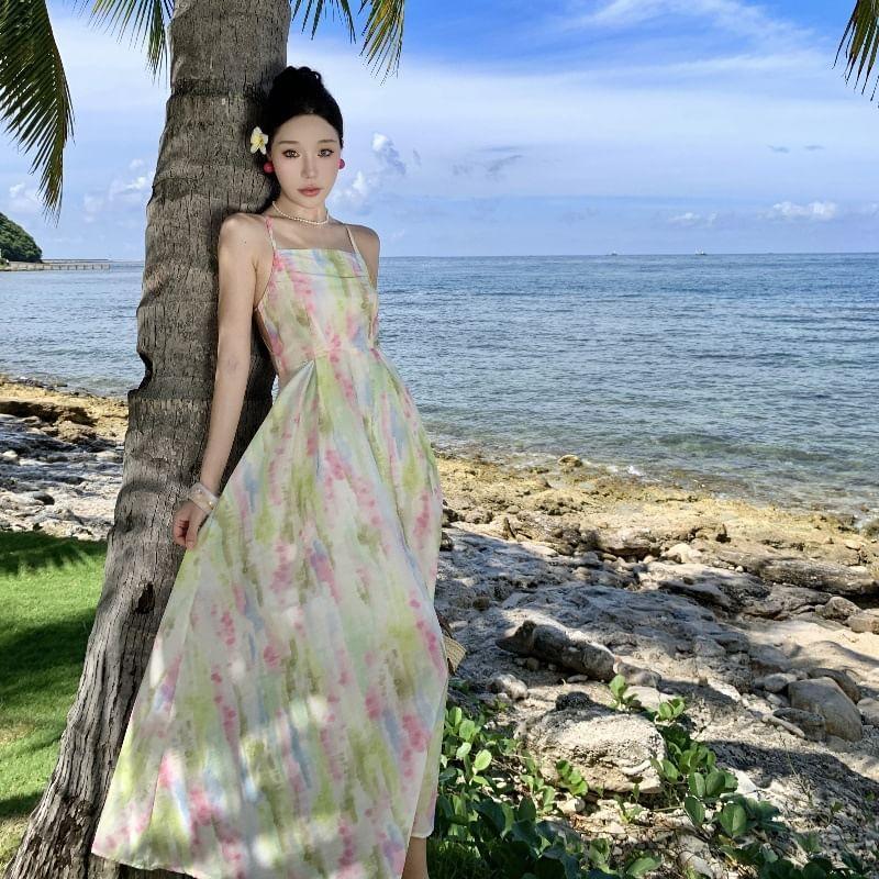 Spaghetti Strap Tie-Dyed Midi Sundress Product Image