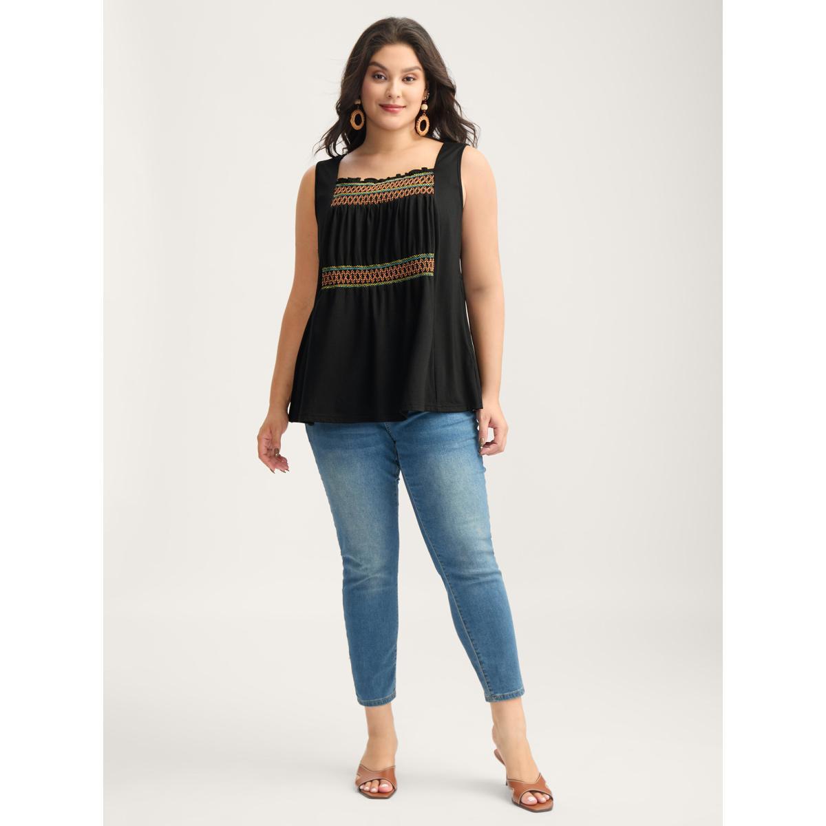 Plus Size Colorful Shirred Detail Offsleeves Tank Top Women Black Gathered Non Vacation Tank Tops Camis BloomChic 22-24/3X Product Image