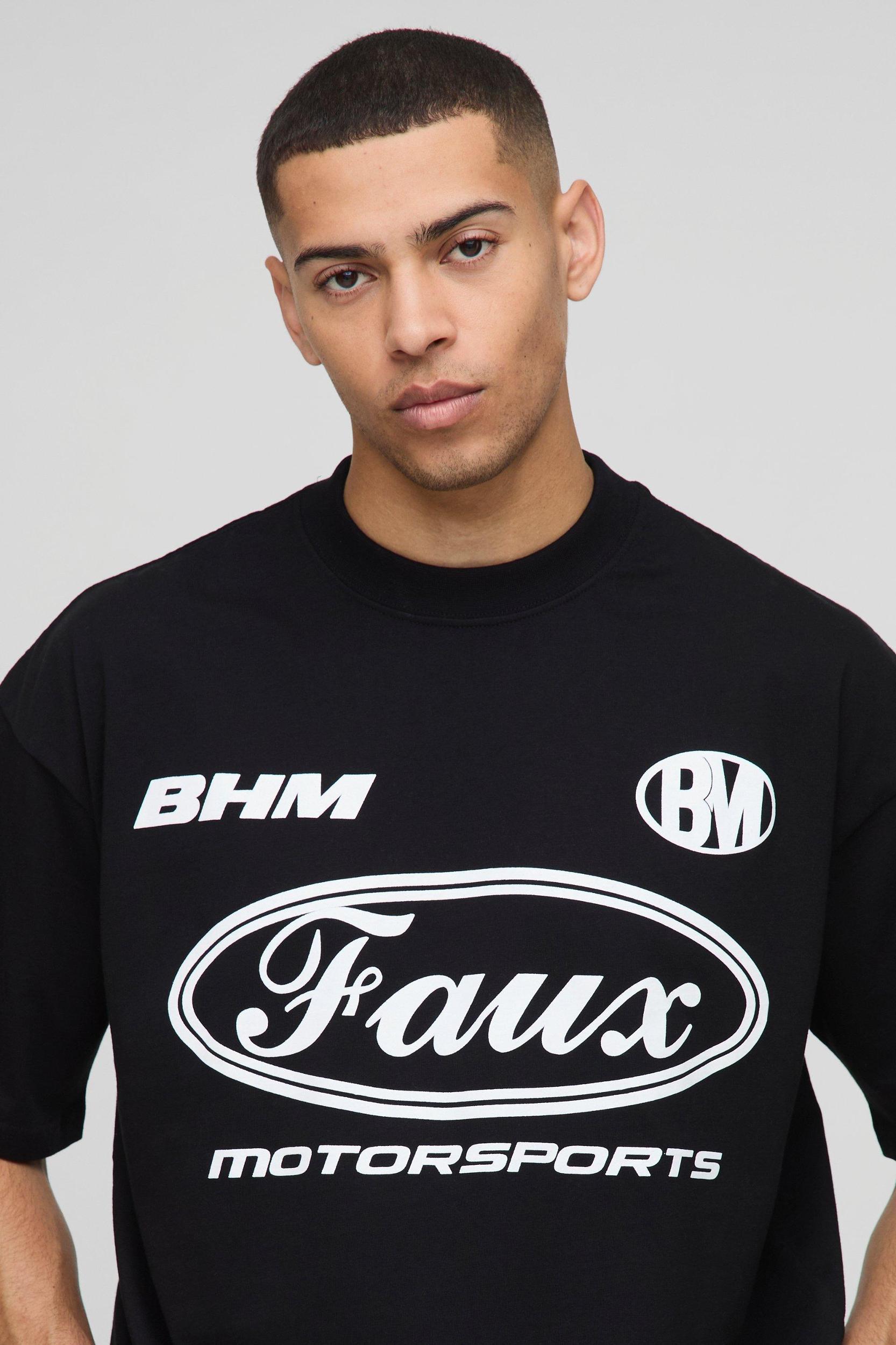 Regular Fit Oversized Boxy Extended Neck Moto Faux Graphic T-Shirt | boohooMAN USA Product Image